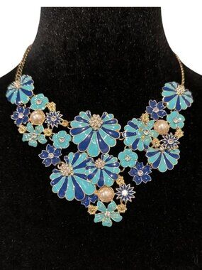 Amrita Singh Statement Necklace Navy Blue Enamel Rhinestone Faux Pearl 18 Inch